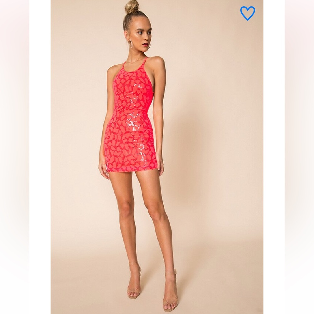 Neon pink/orange sequin Scarlett mini dress. SUPERDOWN